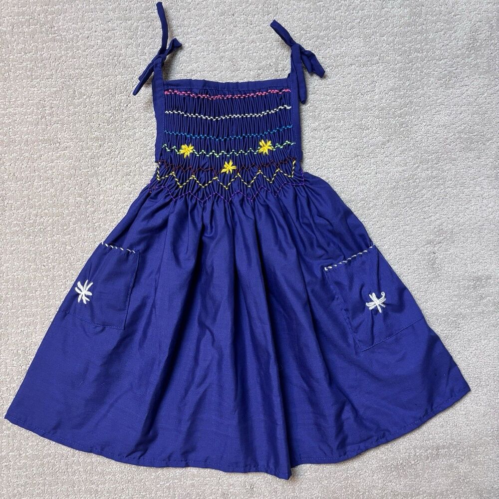 Girls Smocked Dress Nicaraguan Handmade Embroidered Flowers Colorful Boho 4T